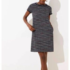 LOFT Dress Womens 12 Blue Rainbow Boucle Shift Pockets Fringe Trim Tweed